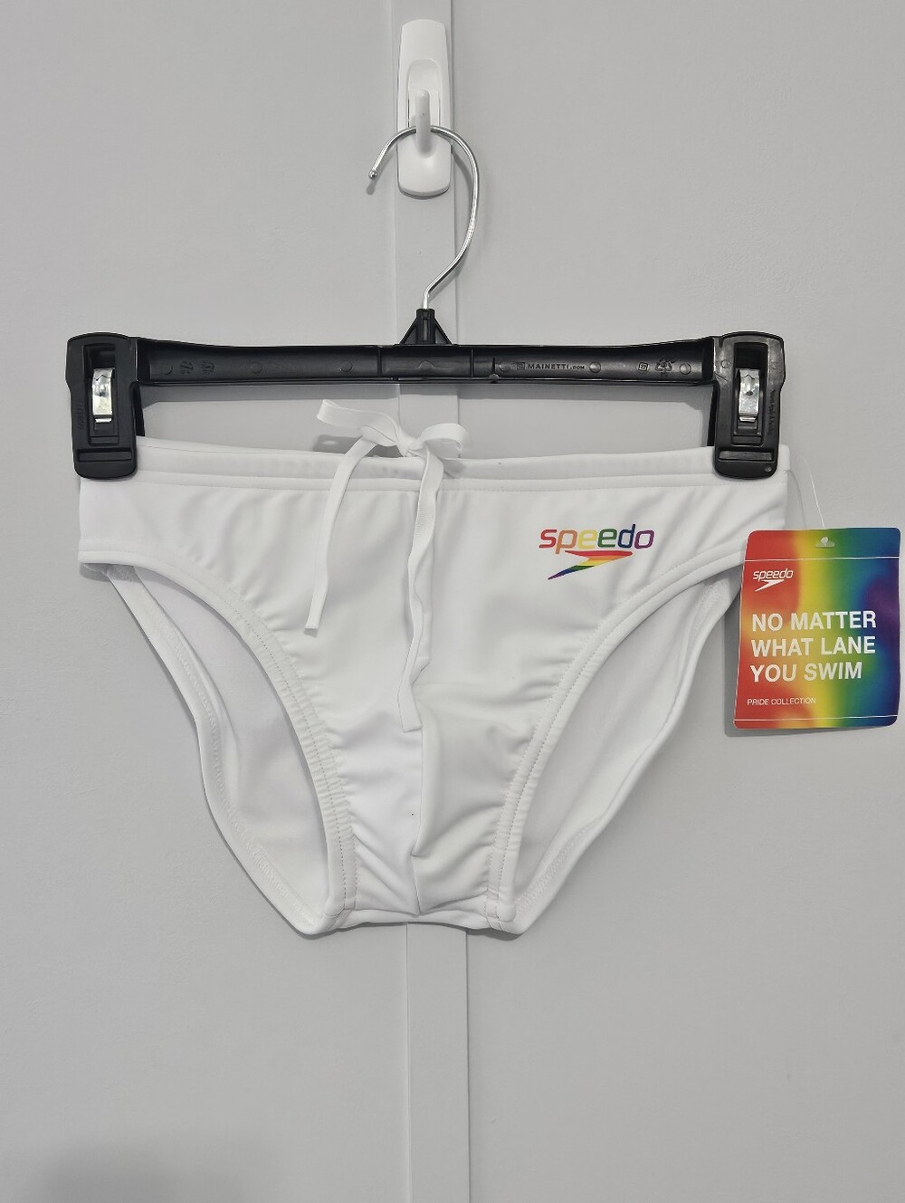 Speedo PowerFlex Eco Size 28 White Boys Mens Swim Trunks with Rainbow Logo and